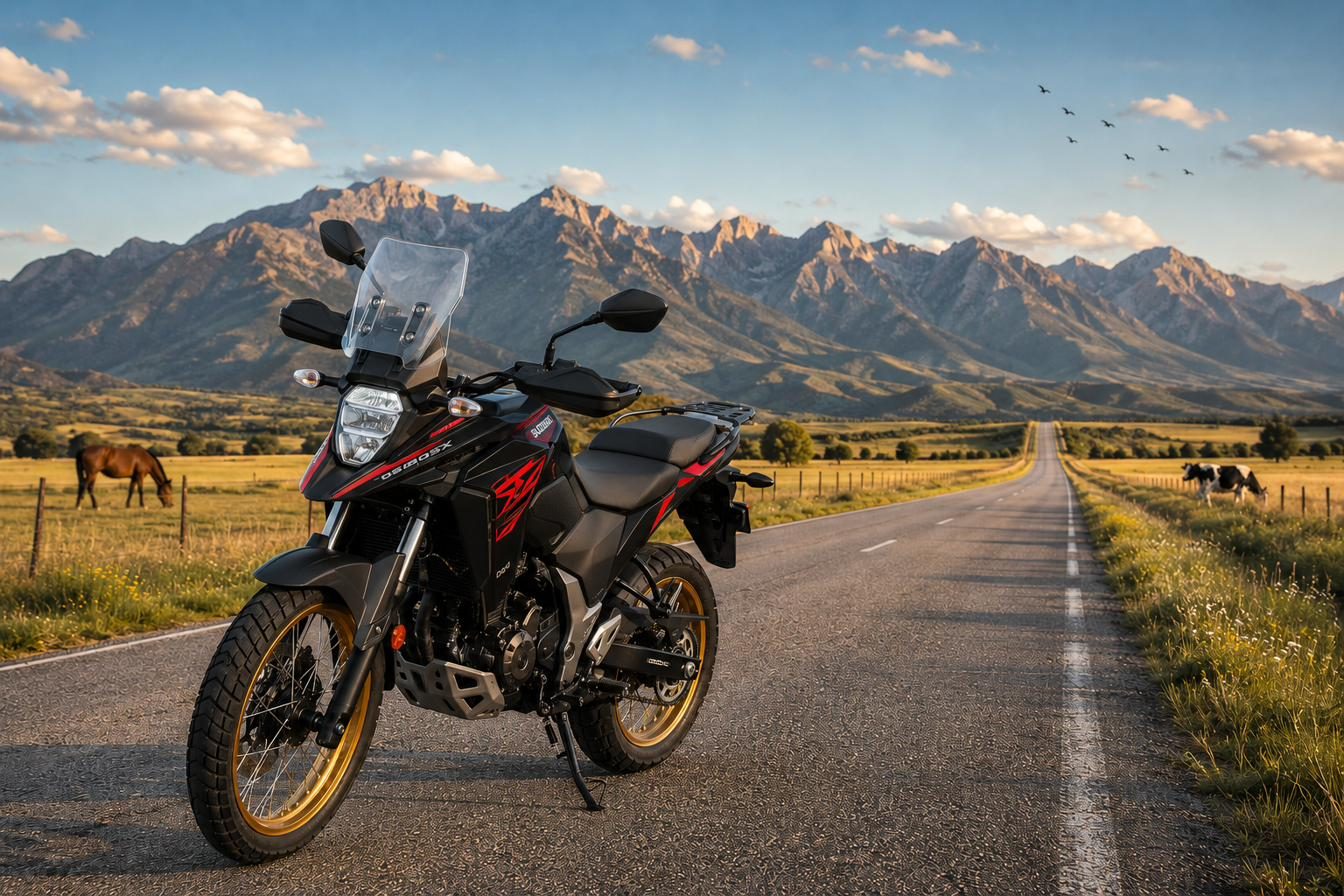Black and red 2024 Suzuki DS250SX adventure motorcycle parked on an open mountain road