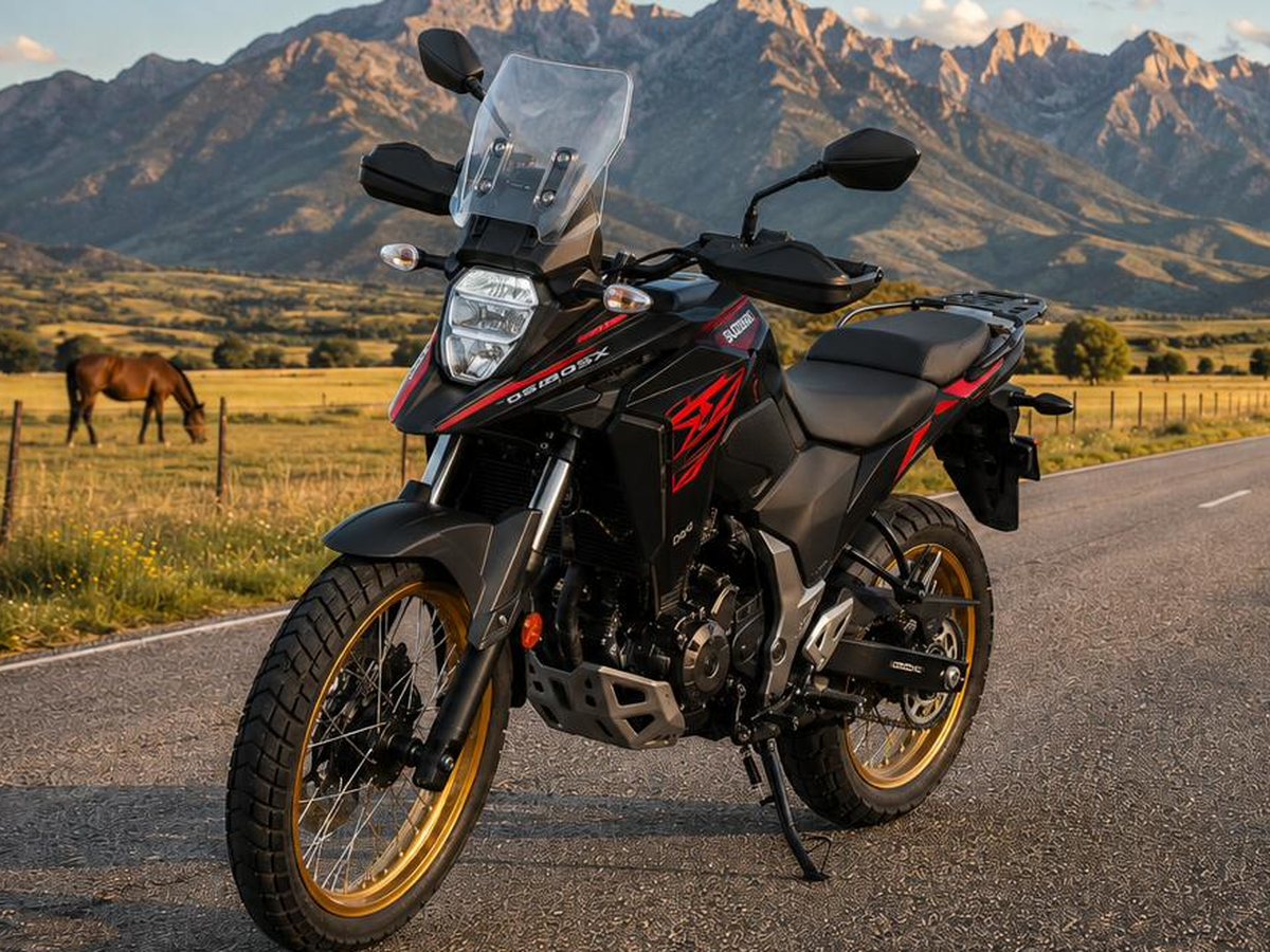 2024 Suzuki DS250SX in black with red trim, three-quarter front view